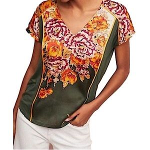 Anthropologie TINY Evesham Green Floral Print Short Sleeve V Neck Top size M
